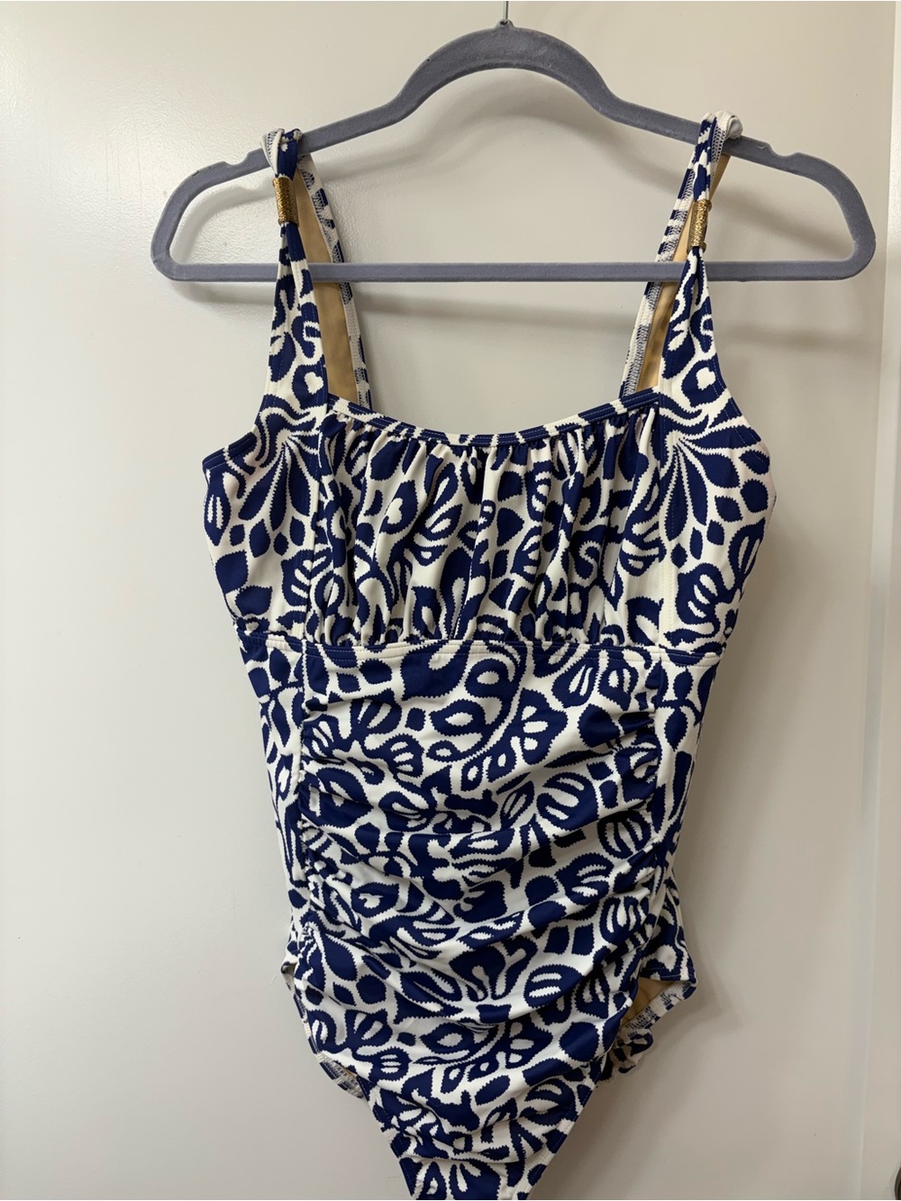 Lands' End Blue & White Print One-Piece Swimsuit Wide Straps Sz 12